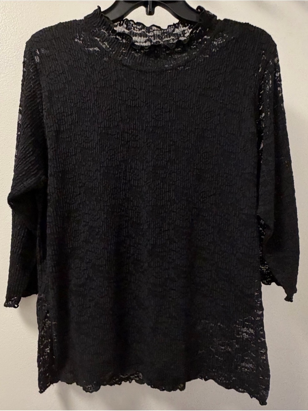 Korean Black Stretch Lace Top Built-In Camisole 3/4 Sleeve